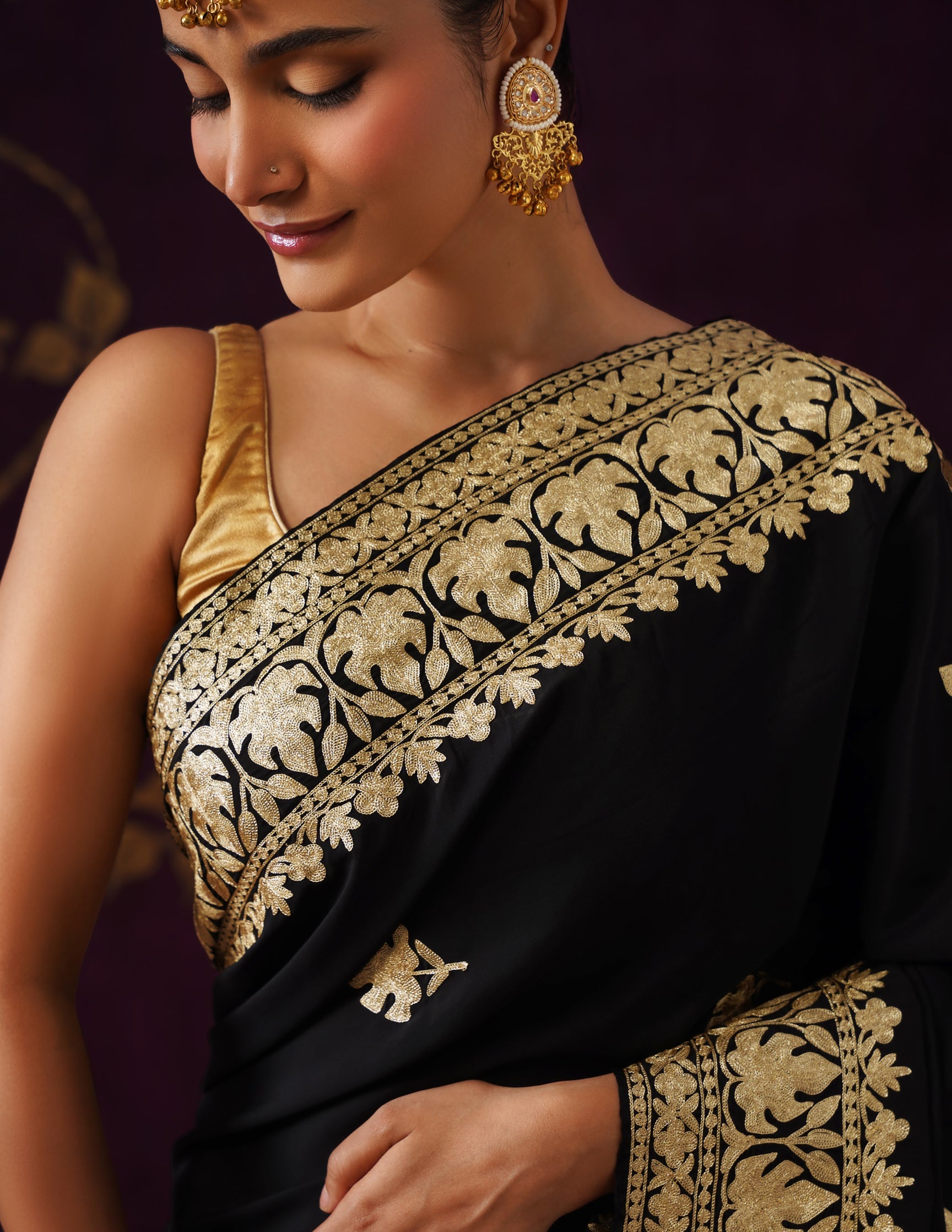 Kashmiri Zari Embroidered Crepe Saree – Black