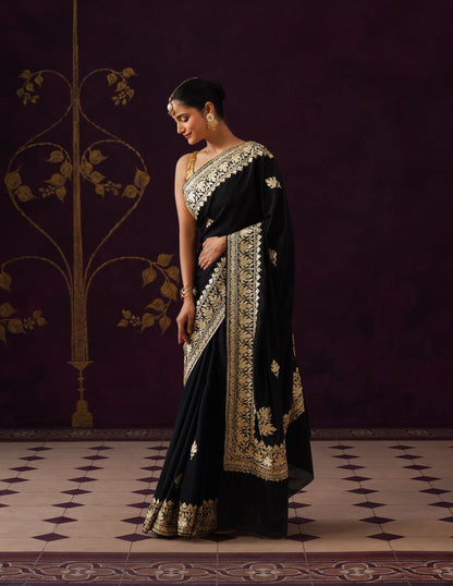 Kashmiri Zari Embroidered Crepe Saree – Black