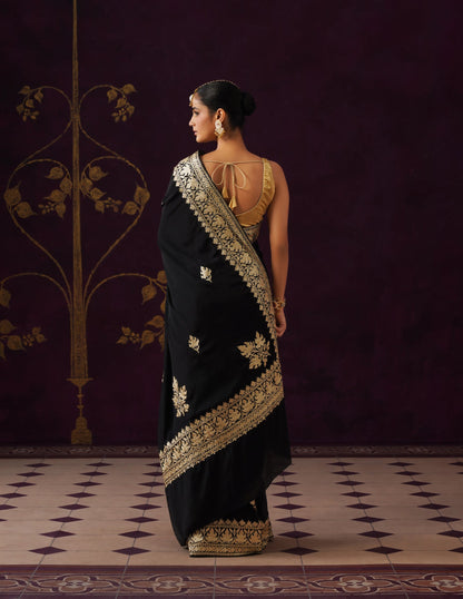 Kashmiri Zari Embroidered Crepe Saree – Black
