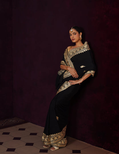 Kashmiri Zari Embroidered Crepe Saree – Black
