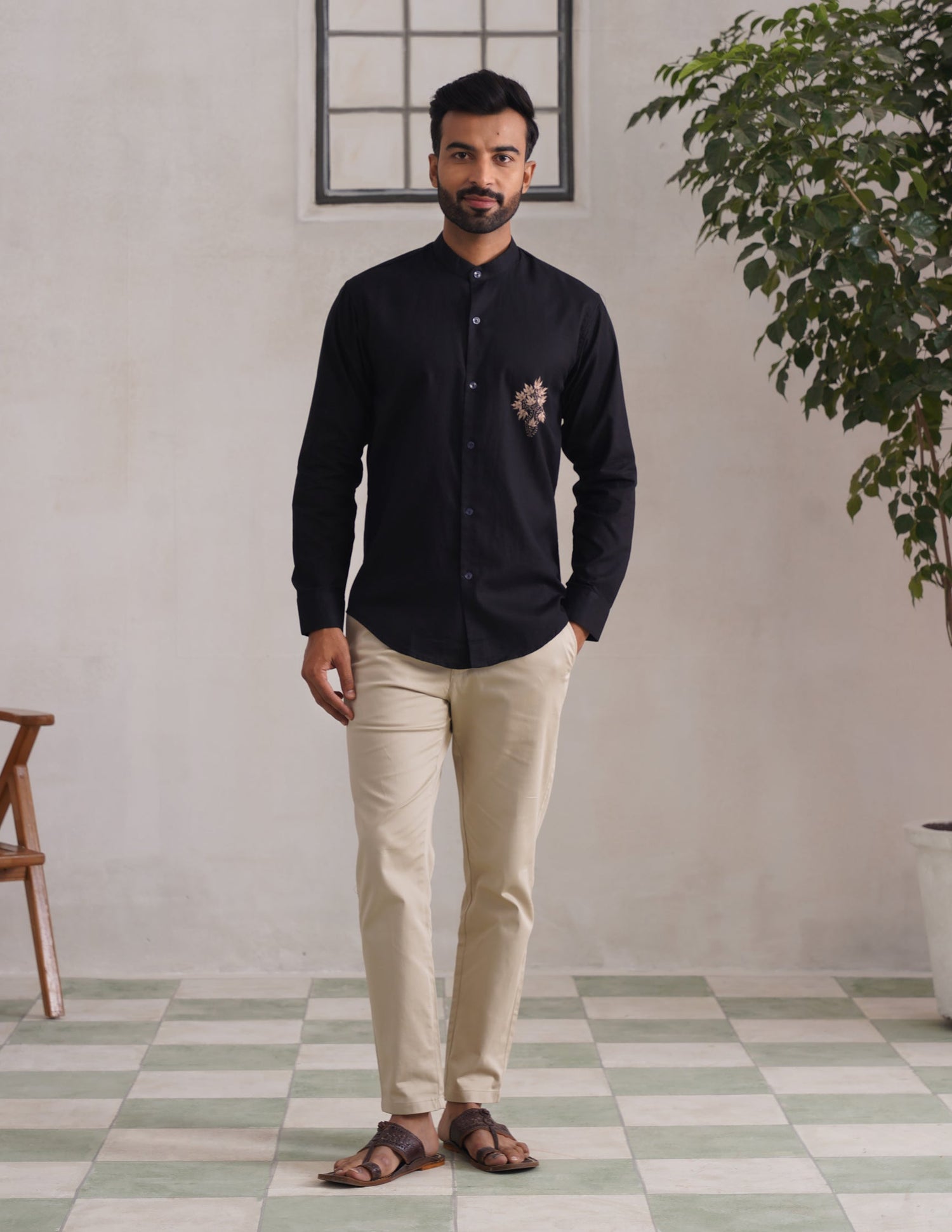 Kashmiri Sozni Chinar Linen Cotton Shirt – Black | Handcrafted Heritage - Kashmir Box