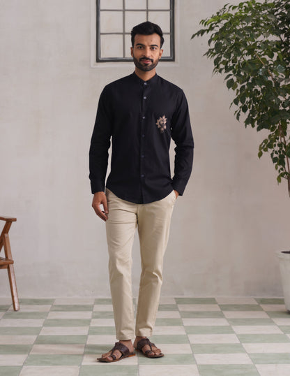 Kashmiri Sozni Chinar Linen Cotton Shirt – Black | Handcrafted Heritage - Kashmir Box