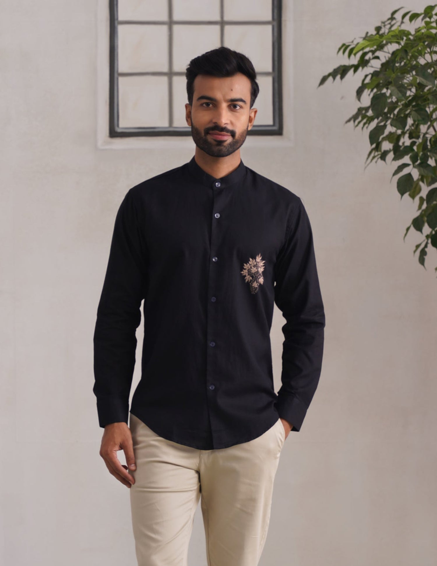 Kashmiri Sozni Chinar Linen Cotton Shirt – Black | Handcrafted Heritage