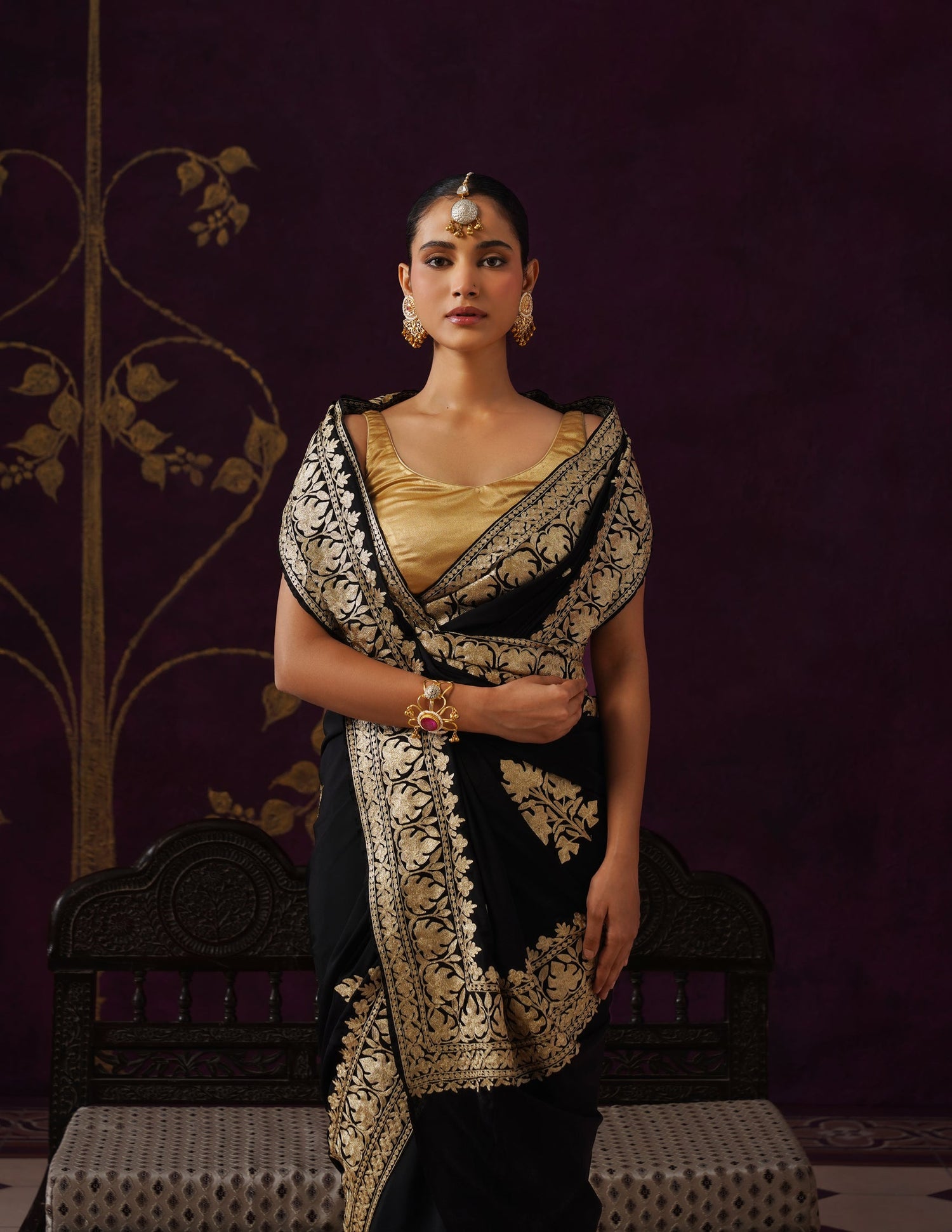 Kashmiri Zari Embroidered Crepe Saree – Black