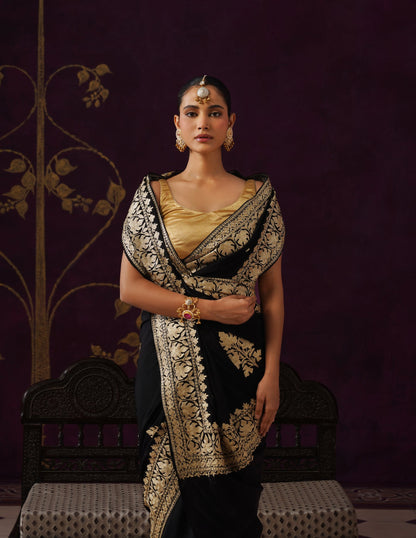 Kashmiri Zari Embroidered Crepe Saree – Black