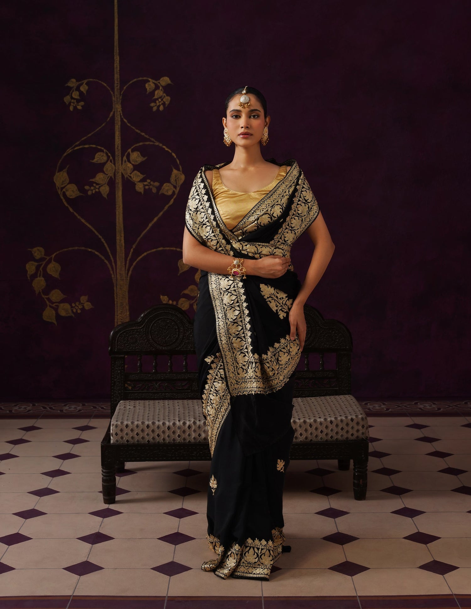 Kashmiri Zari Embroidered Crepe Saree – Black