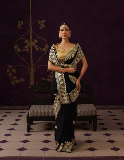 Kashmiri Zari Embroidered Crepe Saree – Black
