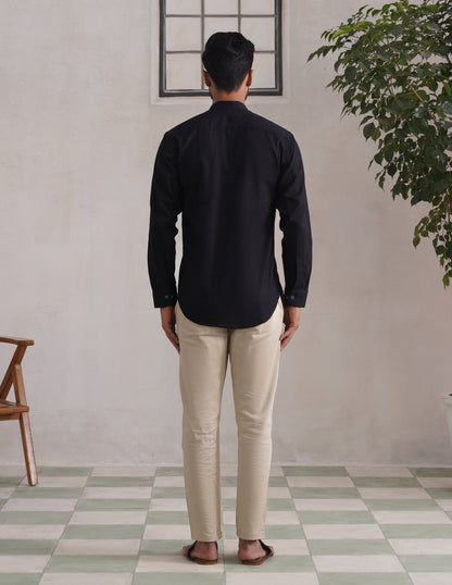 Kashmiri Sozni Chinar Linen Cotton Shirt – Black | Handcrafted Heritage - Kashmir Box