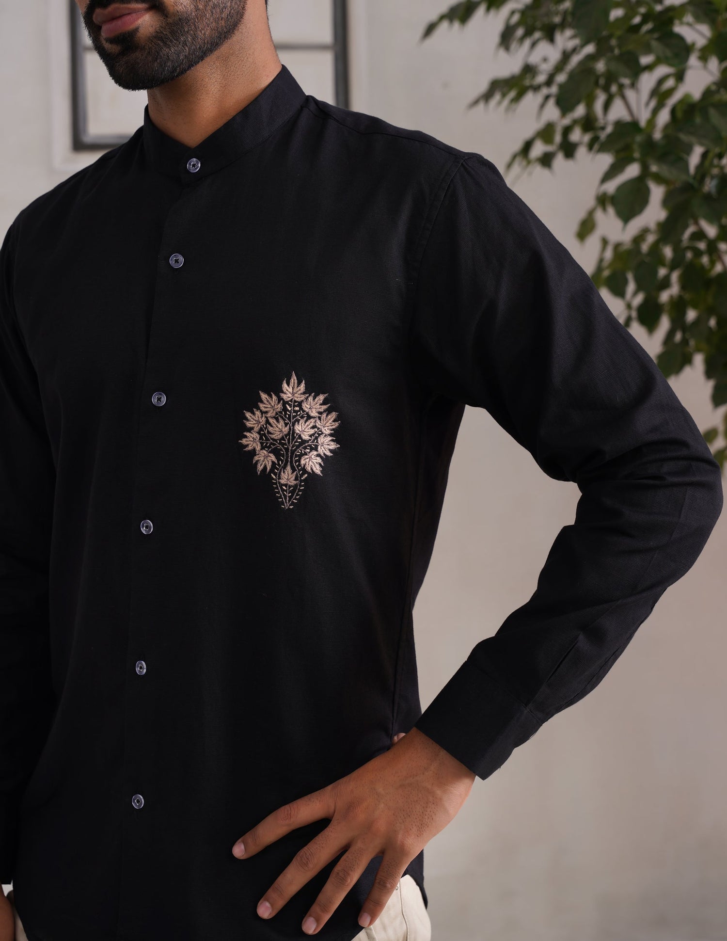 Kashmiri Sozni Chinar Linen Cotton Shirt – Black | Handcrafted Heritage - Kashmir Box