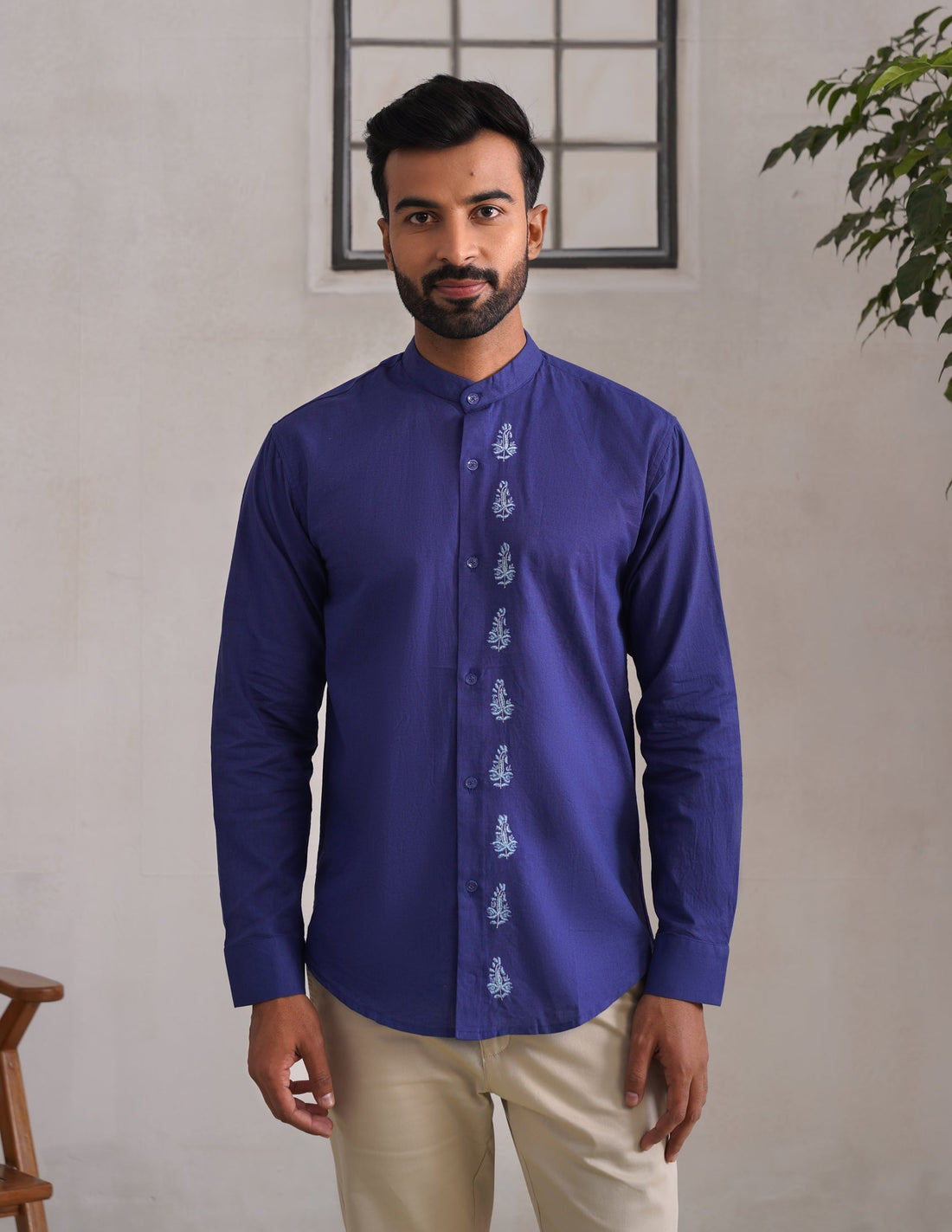 Kashmiri Sozni Almond Motif Linen Cotton Shirt – Blue | Handcrafted Heritage - Kashmir Box