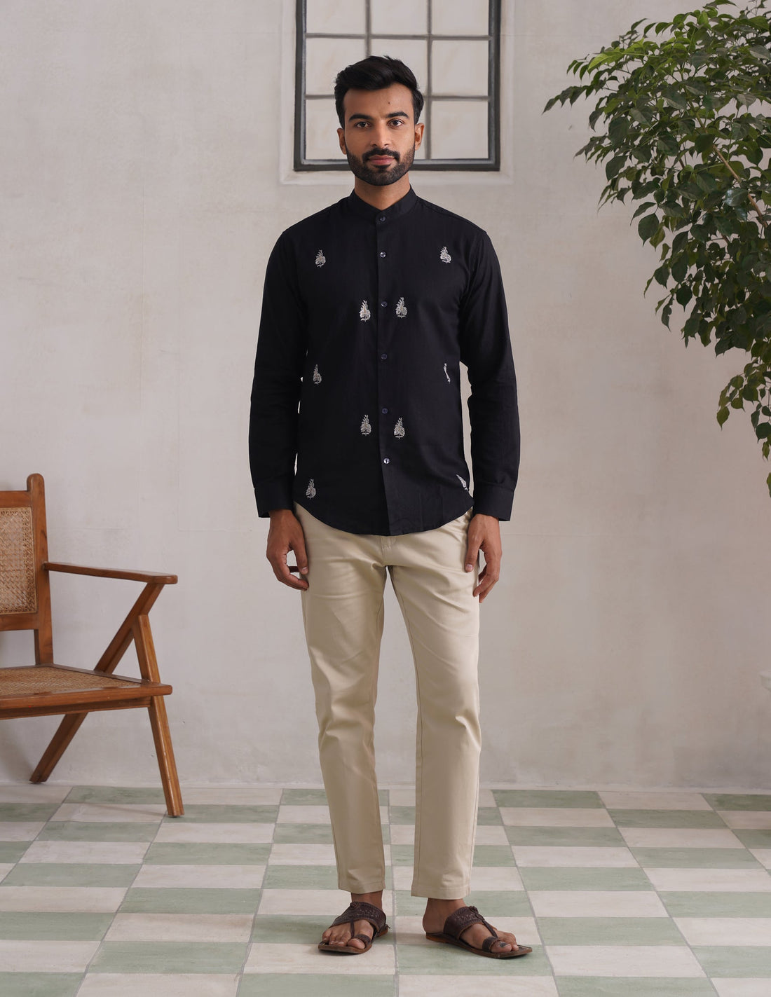 Kashmiri Sozni Almond Motif Linen Cotton Shirt – Black | Handcrafted Heritage - Kashmir Box