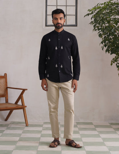 Kashmiri Sozni Almond Motif Linen Cotton Shirt – Black | Handcrafted Heritage - Kashmir Box