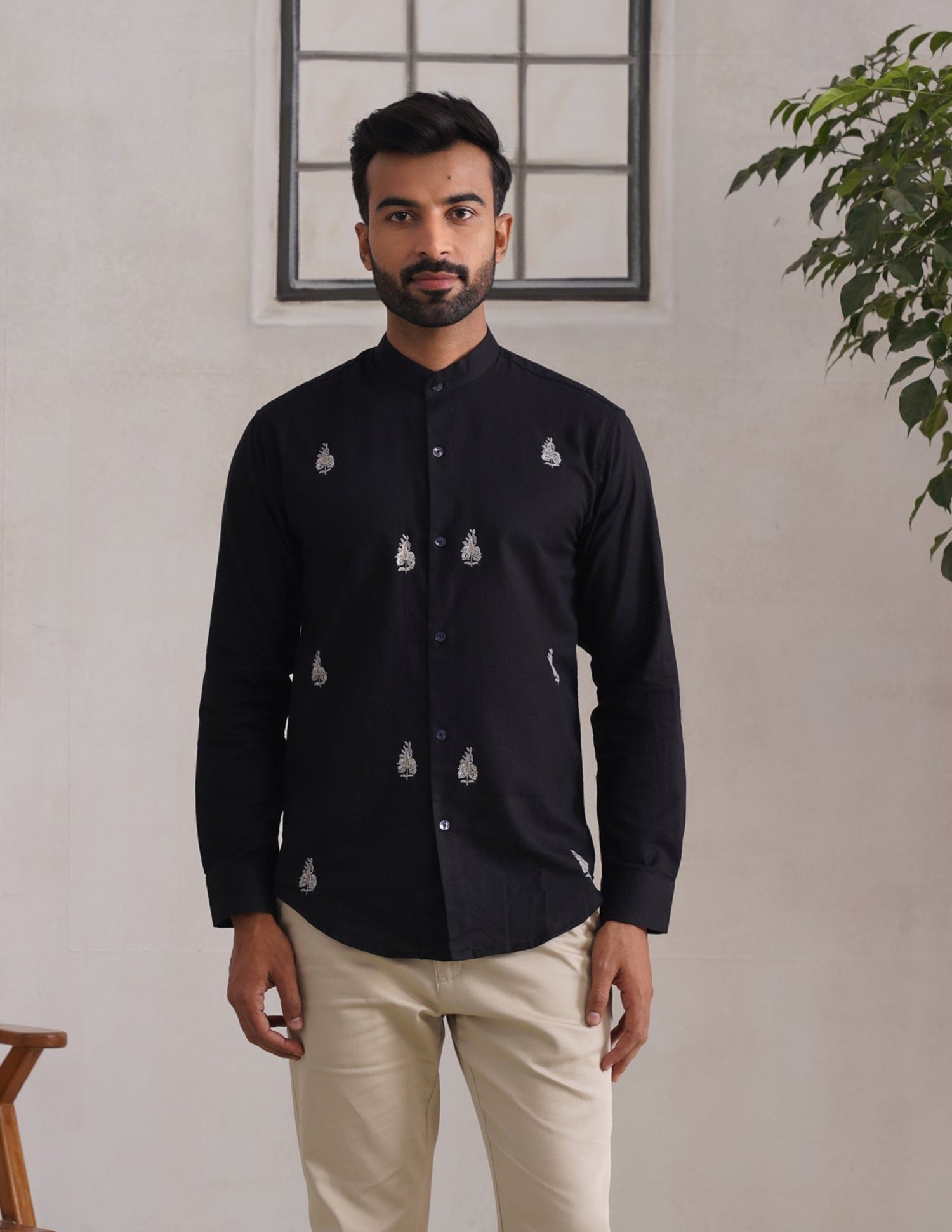 Kashmiri Sozni Almond Motif Linen Cotton Shirt – Black | Handcrafted Heritage