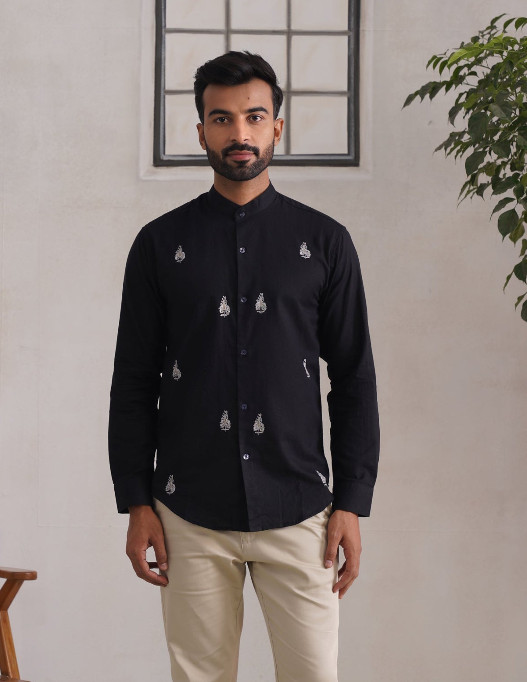 Kashmiri Sozni Almond Motif Linen Cotton Shirt – Black | Handcrafted Heritage
