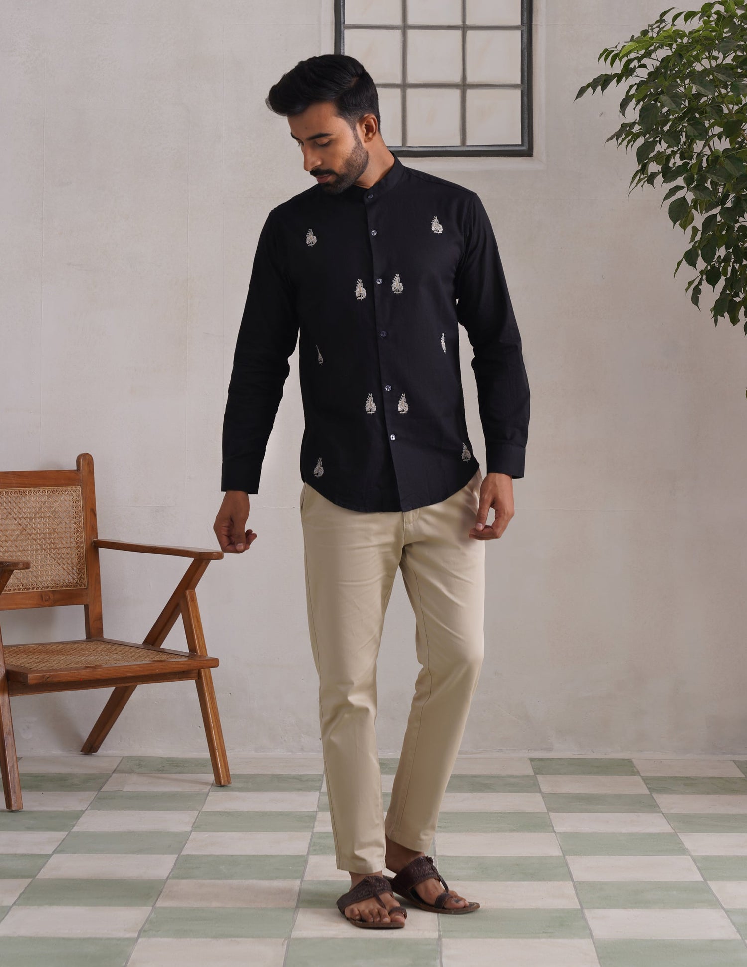Kashmiri Sozni Almond Motif Linen Cotton Shirt – Black | Handcrafted Heritage - Kashmir Box