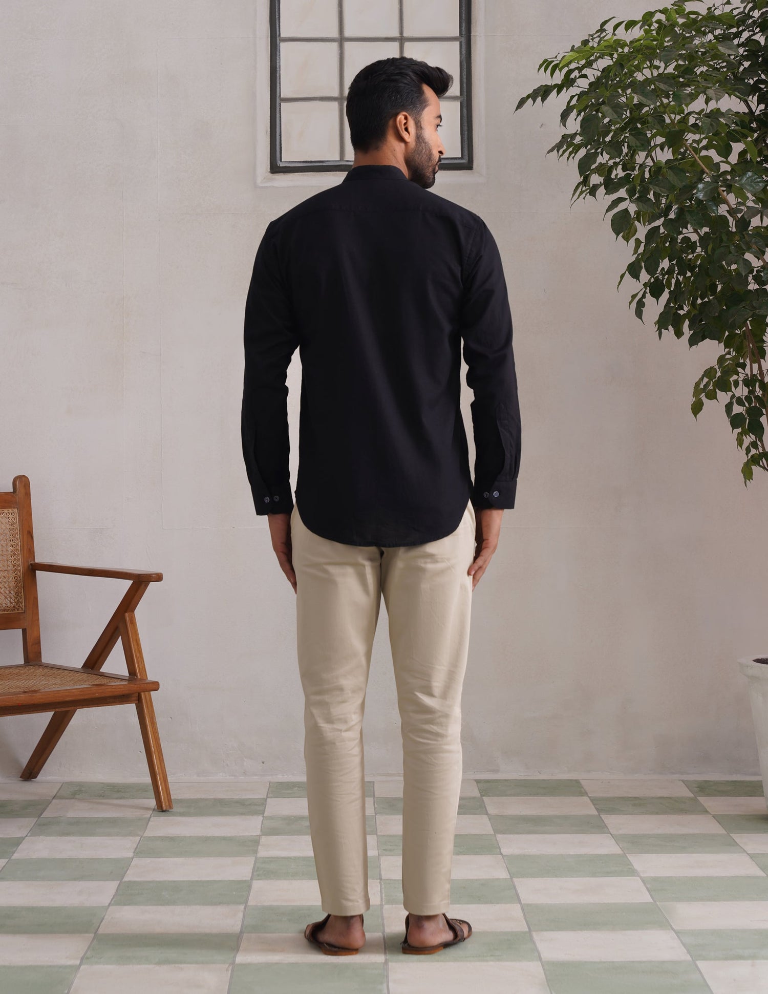 Kashmiri Sozni Almond Motif Linen Cotton Shirt – Black | Handcrafted Heritage - Kashmir Box