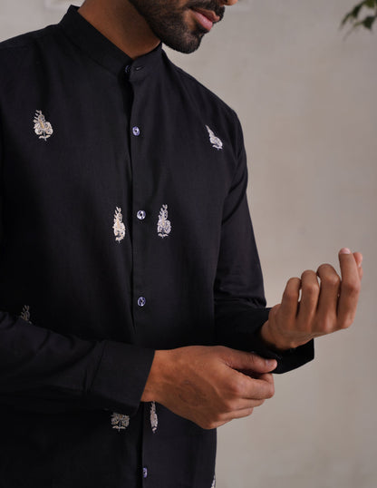 Kashmiri Sozni Almond Motif Linen Cotton Shirt – Black | Handcrafted Heritage - Kashmir Box