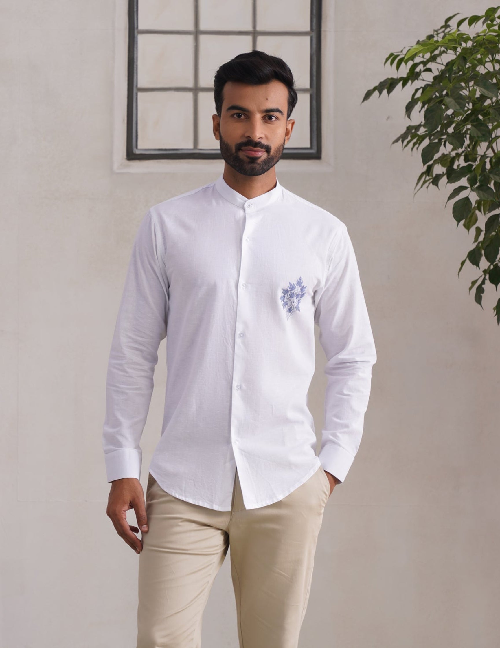 Kashmiri Sozni Chinar Linen Cotton Shirt – White | Handcrafted Heritage