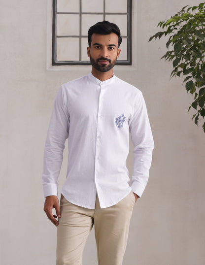 Kashmiri Sozni Chinar Linen Cotton Shirt – White | Handcrafted Heritage