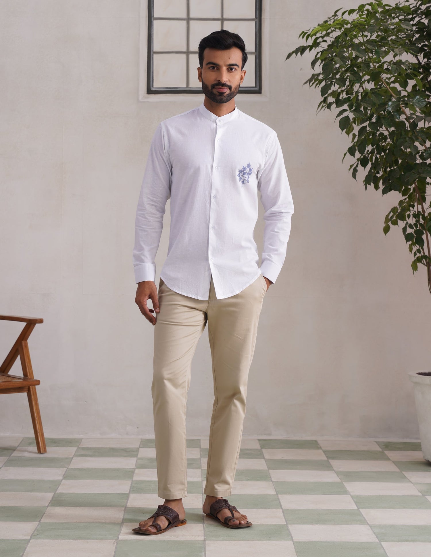 Kashmiri Sozni Chinar Linen Cotton Shirt – White | Handcrafted Heritage - Kashmir Box