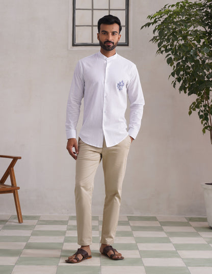 Kashmiri Sozni Chinar Linen Cotton Shirt – White | Handcrafted Heritage - Kashmir Box