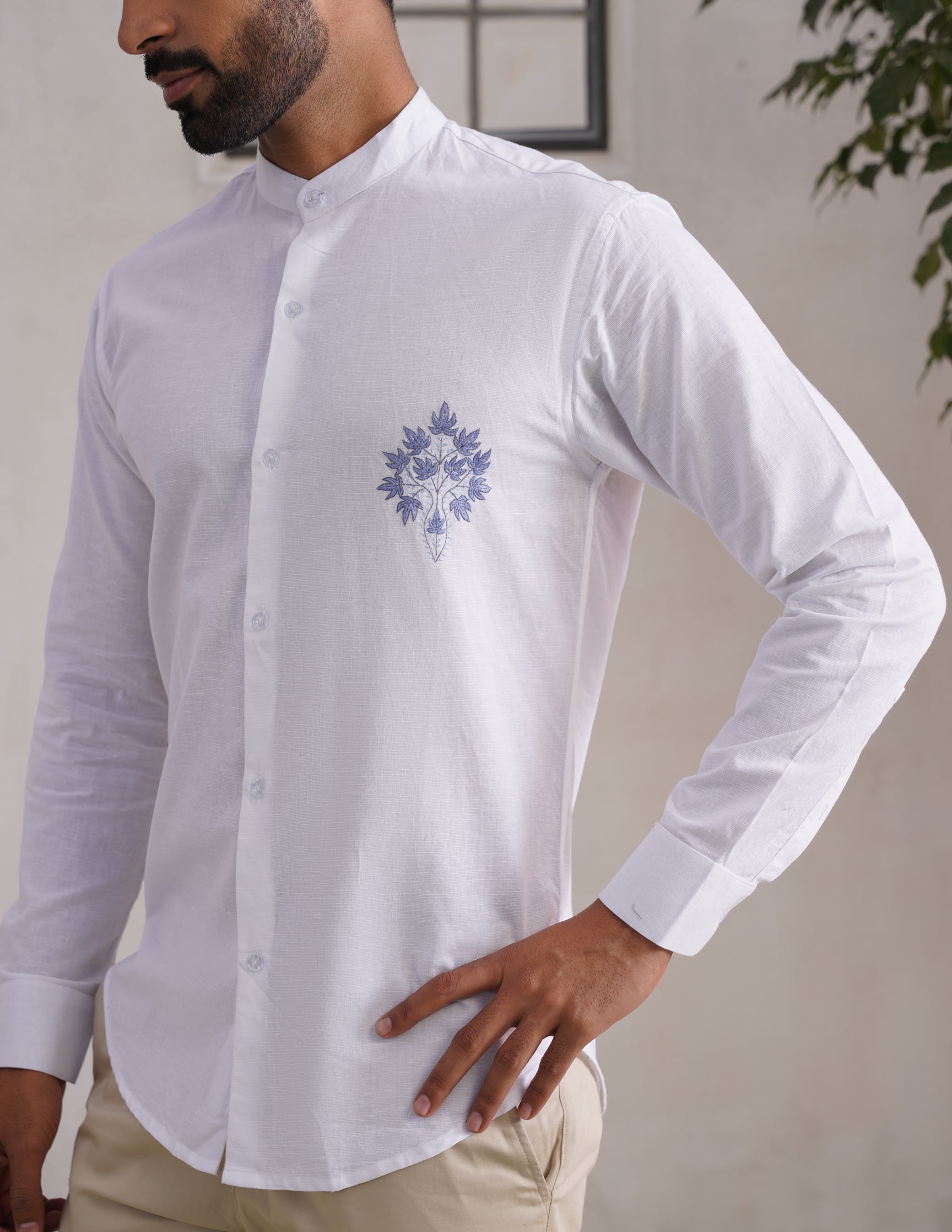 Kashmiri Sozni Chinar Linen Cotton Shirt – White | Handcrafted Heritage - Kashmir Box