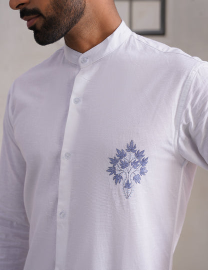 Kashmiri Sozni Chinar Linen Cotton Shirt – White | Handcrafted Heritage - Kashmir Box