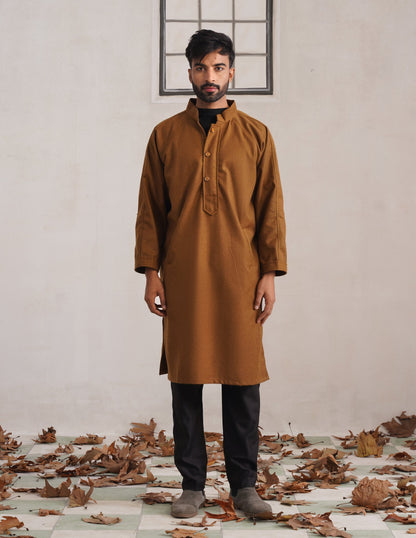 Brown Chinese Collar Long Coat-Style Men’s Phiran – Kashmiri Tweed Winter Pheran | AAGAZ