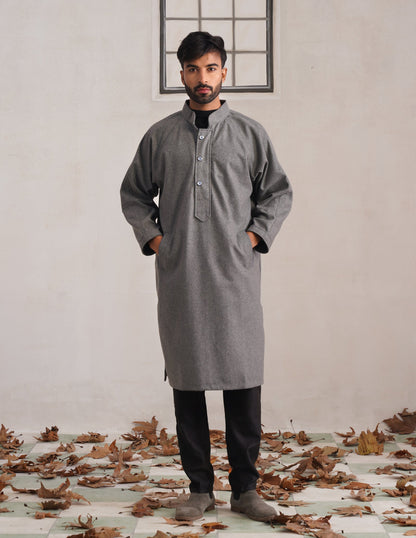Grey Chinese Collar Long Coat-Style Men’s Phiran – Kashmiri Tweed Winter Pheran | AAGAZ