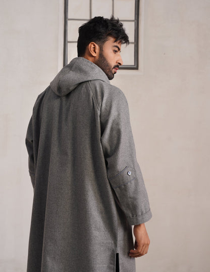 Grey Hooded Long Coat-Style Men’s Phiran – Kashmiri Tweed Winter Pheran | HAIDER