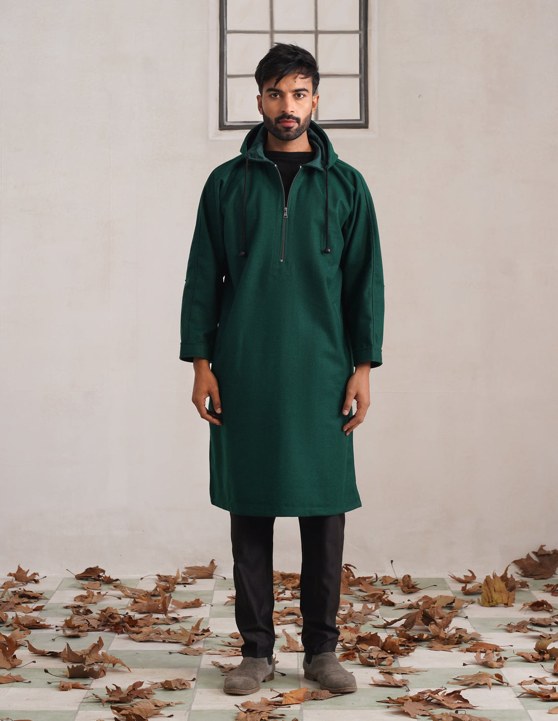 Green Hooded Long Coat-Style Men’s Phiran – Kashmiri Tweed Winter Pheran | AAGAZ