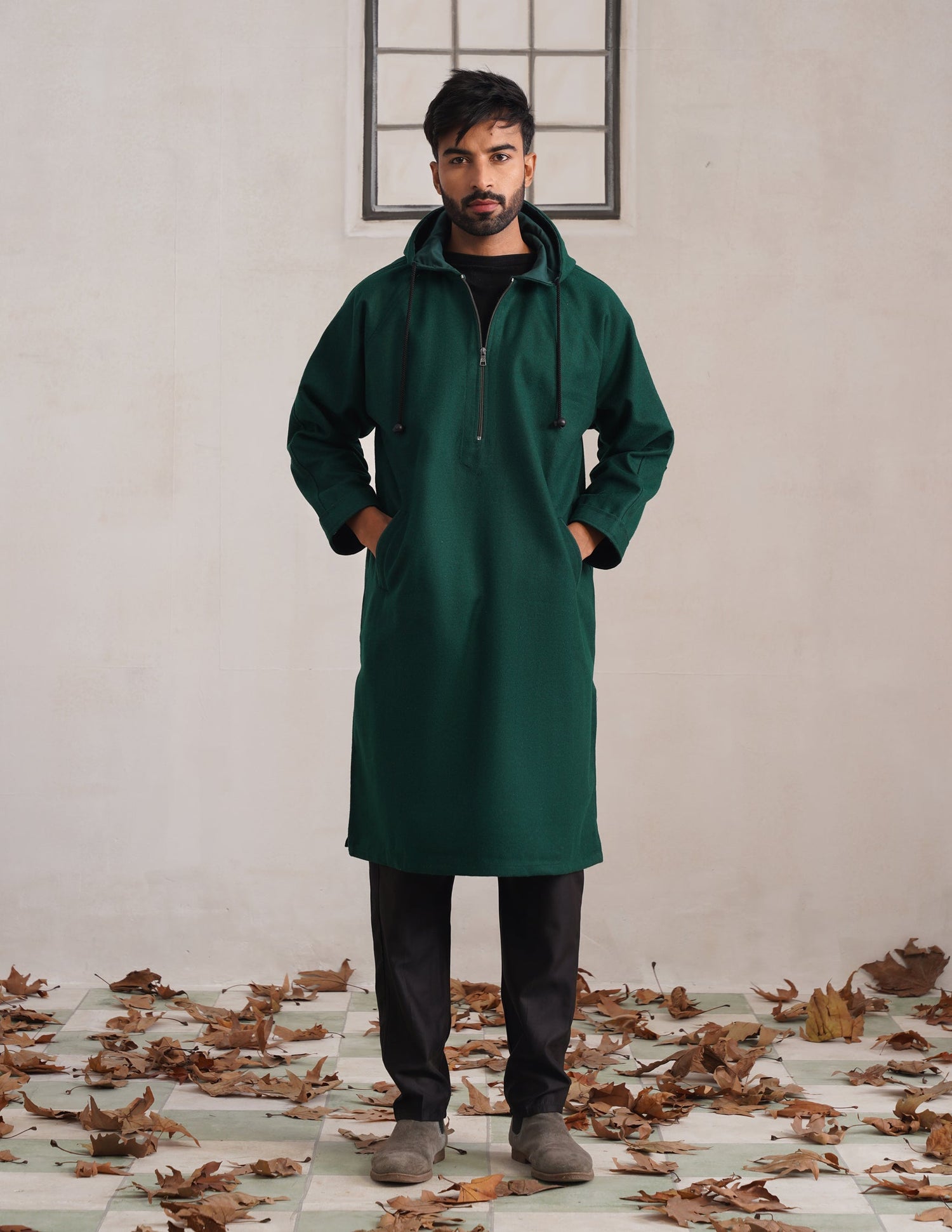 Green Hooded Long Coat-Style Men’s Phiran – Kashmiri Tweed Winter Pheran | AAGAZ