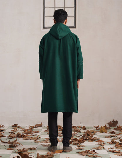 Green Hooded Long Coat-Style Men’s Phiran – Kashmiri Tweed Winter Pheran | AAGAZ