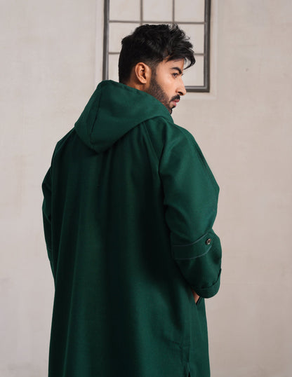 Green Hooded Long Coat-Style Men’s Phiran – Kashmiri Tweed Winter Pheran | HAIDER