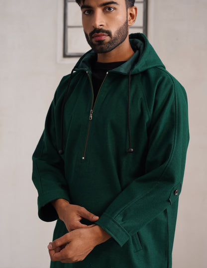 Green Hooded Long Coat-Style Men’s Phiran – Kashmiri Tweed Winter Pheran | AAGAZ