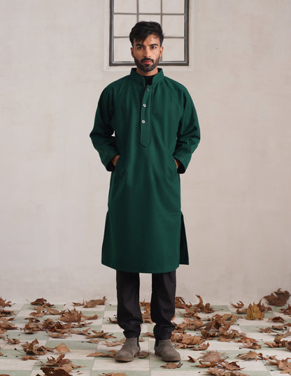 Green Chinese Collar Long Coat-Style Men’s Phiran – Kashmiri Tweed Winter Pheran | AAGAZ