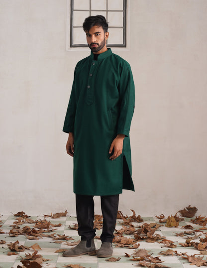 Green Chinese Collar Long Coat-Style Men’s Phiran – Kashmiri Tweed Winter Pheran | AAGAZ