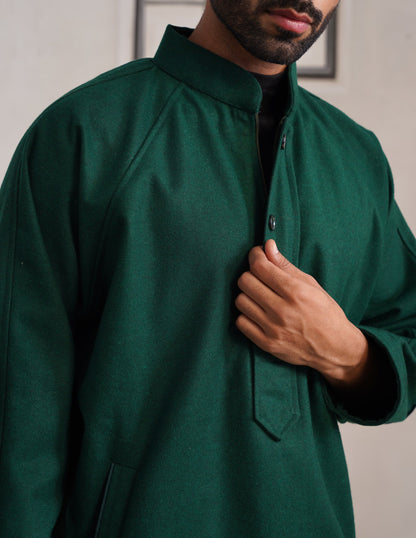 Green Chinese Collar Long Coat-Style Men’s Phiran – Kashmiri Tweed Winter Pheran | AAGAZ