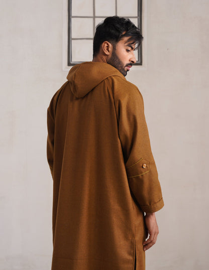 Brown Hooded Long Coat-Style Men’s Phiran – Kashmiri Tweed Winter Pheran | AAGAZ