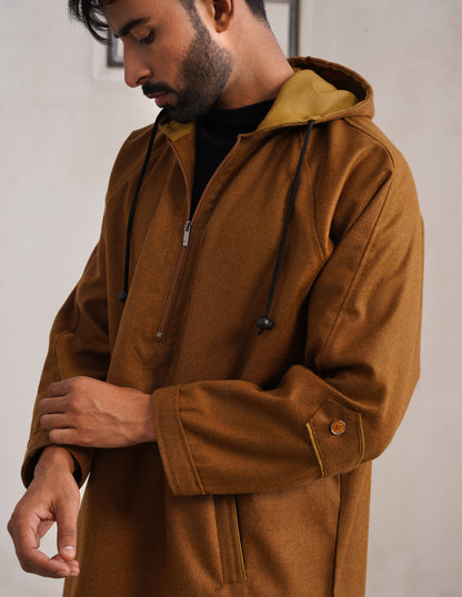 Brown Hooded Long Coat-Style Men’s Phiran – Kashmiri Tweed Winter Pheran | AAGAZ