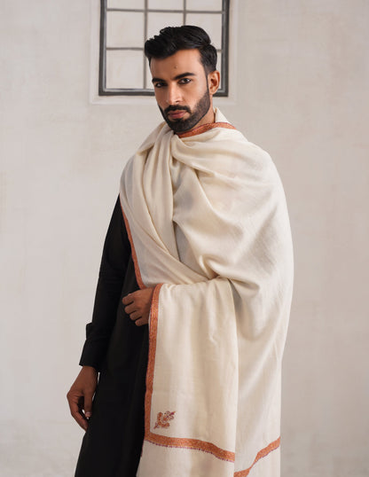 Hashidar Pashmina Shawl – Off White (Pink, Orange &amp; Maroon Sozni)