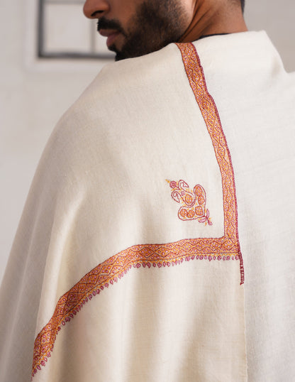 Hashidar Pashmina Shawl – Off White (Pink, Orange &amp; Maroon Sozni)