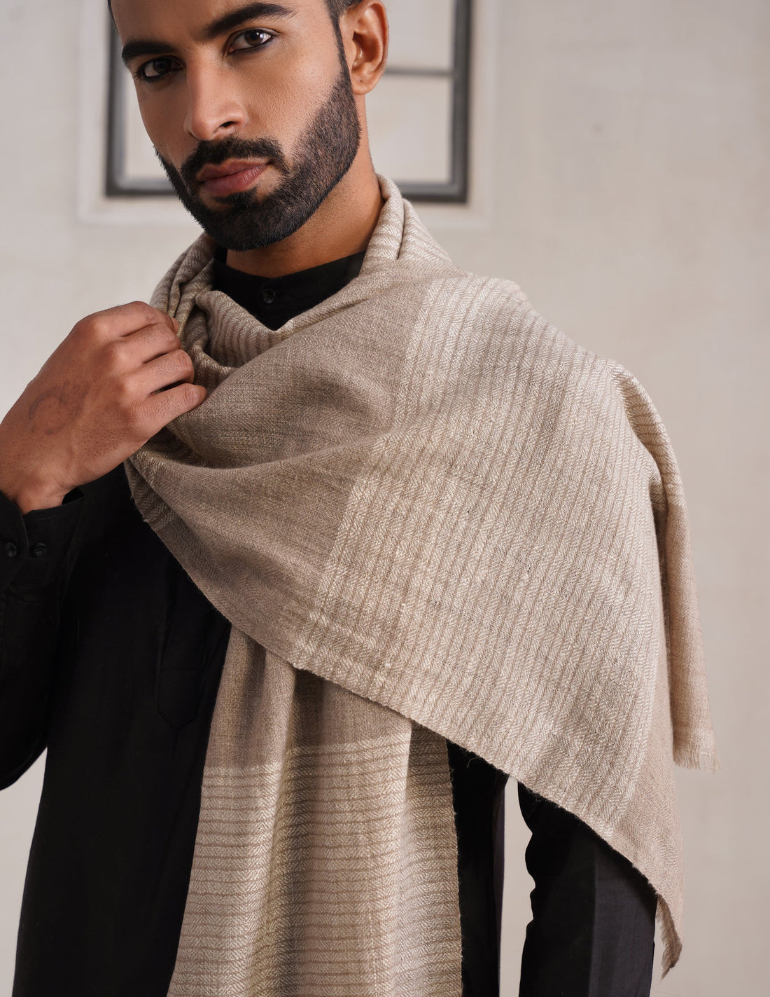 GI Striped Pashmina Muffler – Natural &amp; Off White
