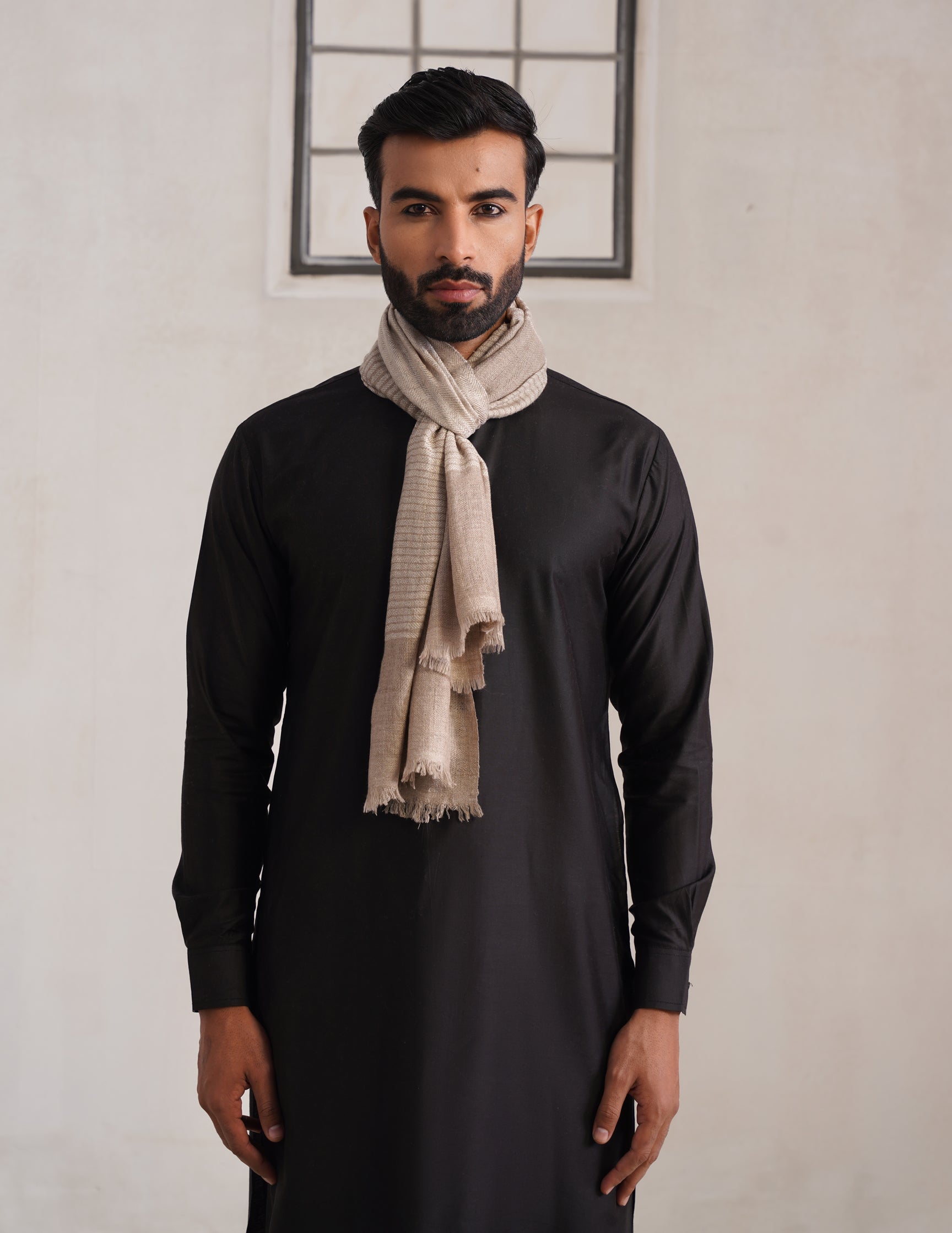 GI Striped Pashmina Muffler – Natural &amp; Off White