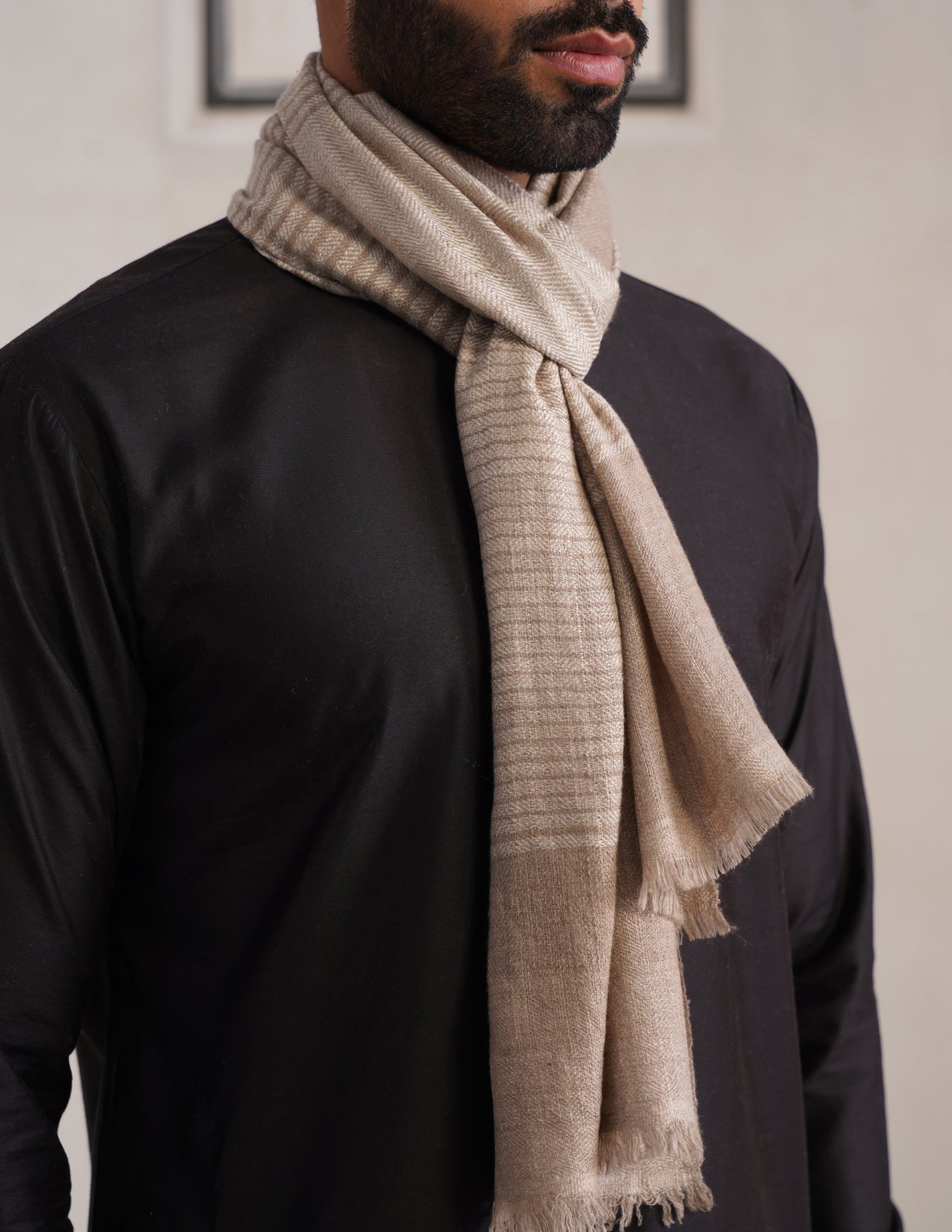 GI Striped Pashmina Muffler – Natural &amp; Off White