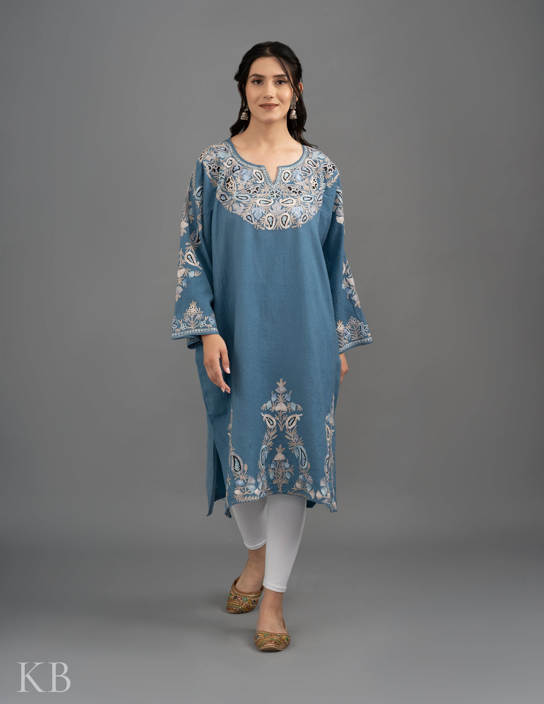 Designer Neck Aari Embroidered Fine Wool Phiran - Kashmir Box