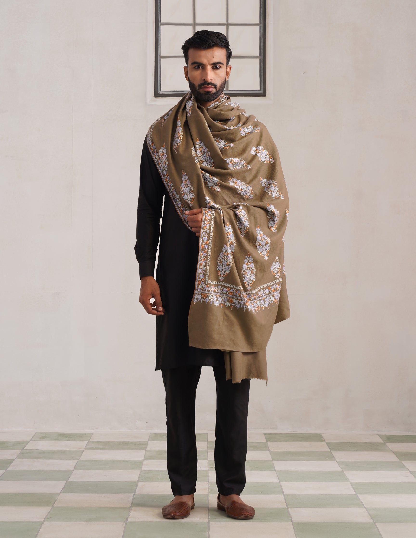 Natural Bootidar Pashmina Shawl – Multicolour Sozni Embroidery