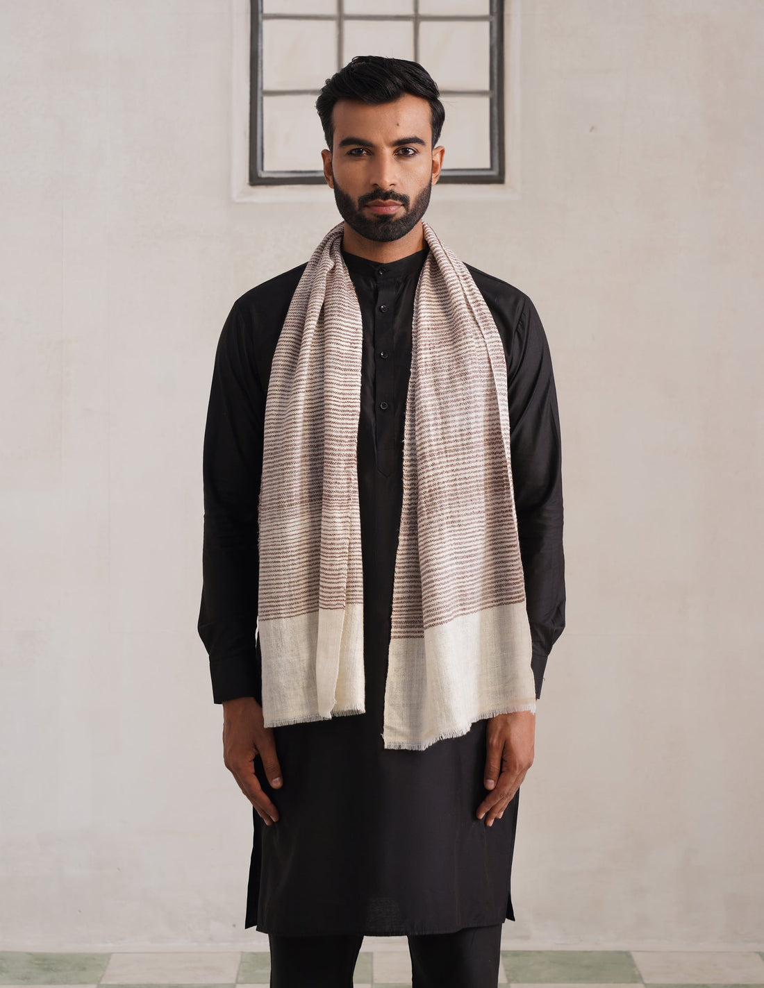 GI Striped Pashmina Muffler – Brown & Off White