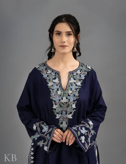 V-Neck Aari Embroidered Cashmilon Phiran - Kashmir Box