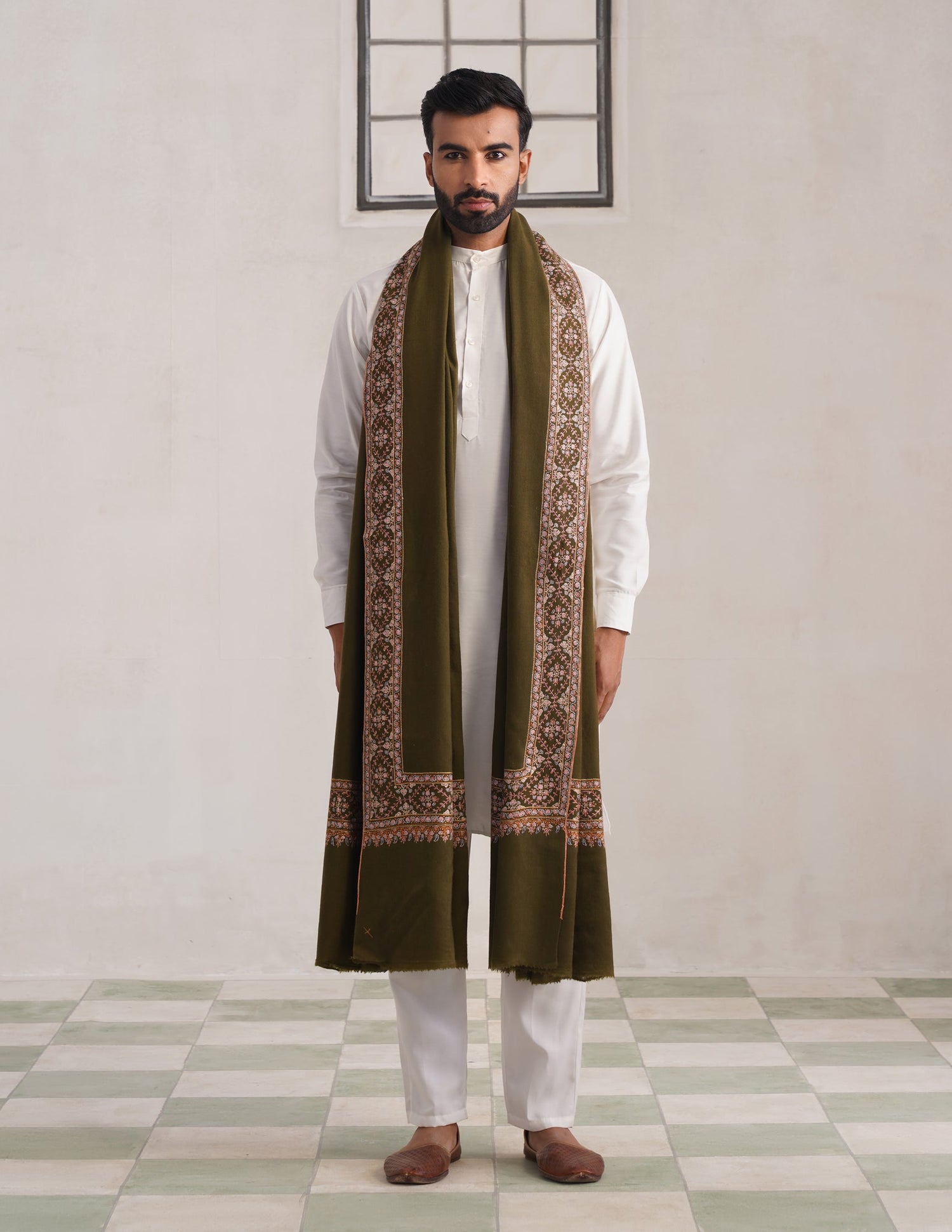 Dordaar Pashmina Shawl – Olive Green (Multicolour Sozni)